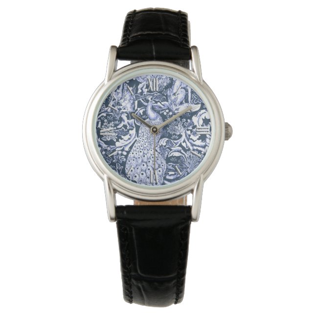 Art Nouveau Peacock Print, Navy and White Watch (Front)