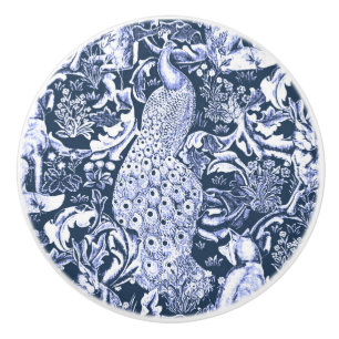 Art Nouveau Peacock Print, Navy Blue and White Ceramic Knob