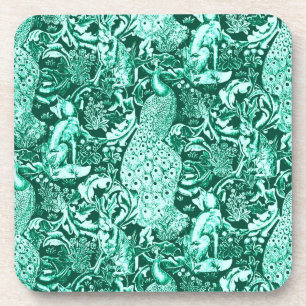 Art Nouveau Peacock Print, Turquoise and Aqua Coaster