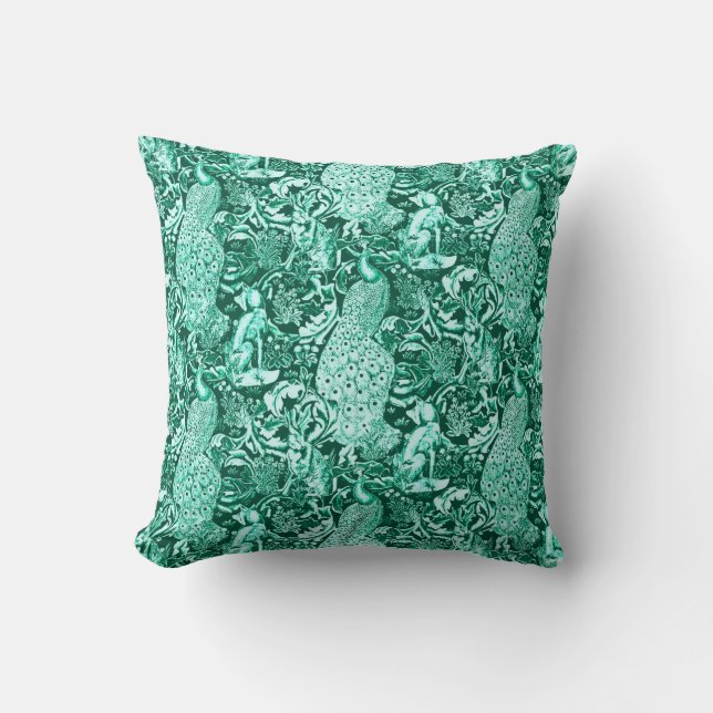 Art Nouveau Peacock Print, Turquoise and Aqua Cushion (Front)