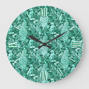 Art Nouveau Peacock Print, Turquoise and Aqua Large Clock