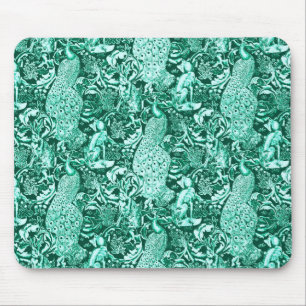 Art Nouveau Peacock Print, Turquoise and Aqua Mouse Mat