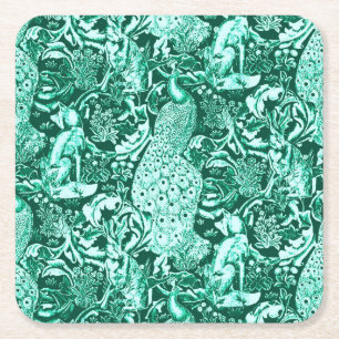 Art Nouveau Peacock Print, Turquoise and Aqua Square Paper Coaster