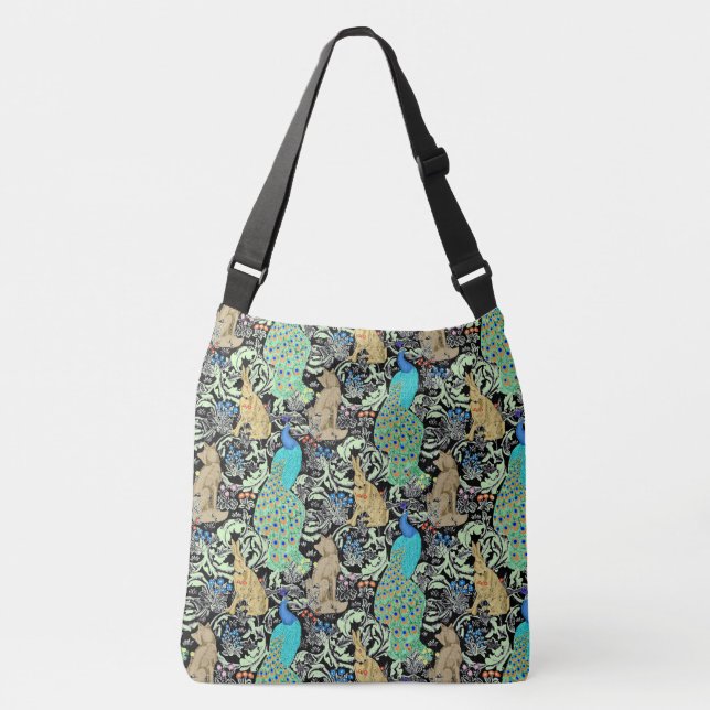 Art Nouveau Peacock Print, Turquoise & Neutrals Crossbody Bag (Front)