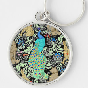 Art Nouveau Peacock Print, Turquoise & Neutrals Key Ring