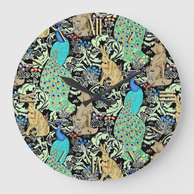 Art Nouveau Peacock Print, Turquoise & Neutrals Large Clock (Front)