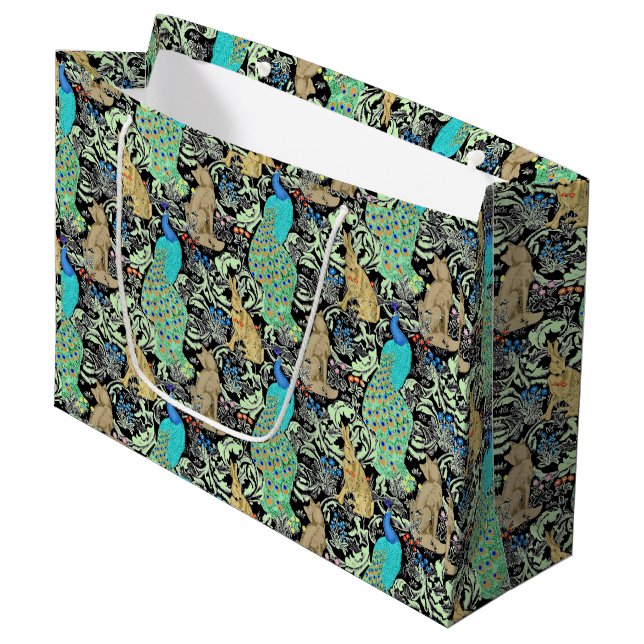 Art Nouveau Peacock Print, Turquoise & Neutrals Large Gift Bag (Front Angled)