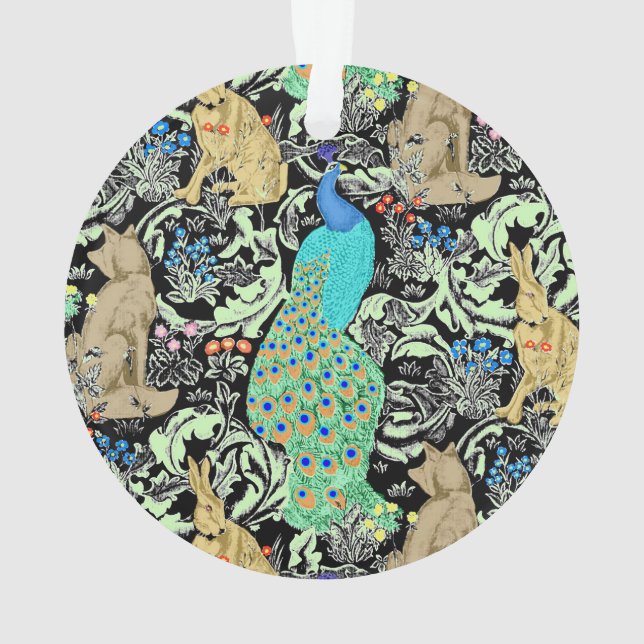 Art Nouveau Peacock Print, Turquoise & Neutrals Ornament (Back)