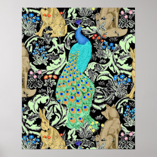 Art Nouveau Peacock Print, Turquoise & Neutrals Poster