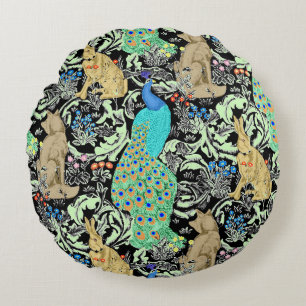 Art Nouveau Peacock Print, Turquoise & Neutrals Round Cushion
