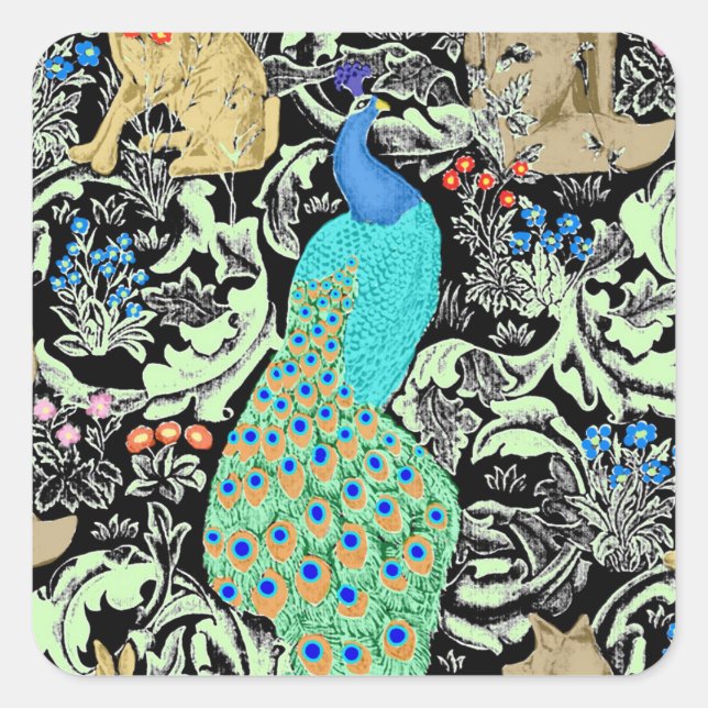 Art Nouveau Peacock Print, Turquoise & Neutrals Square Sticker (Front)