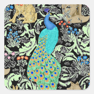 Art Nouveau Peacock Print, Turquoise & Neutrals Square Sticker