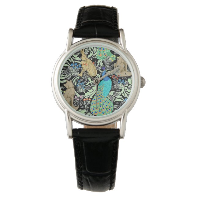 Art Nouveau Peacock Print, Turquoise & Neutrals Watch (Front)
