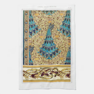 Art nouveau peacock textile deco verneuil blue  tea towel