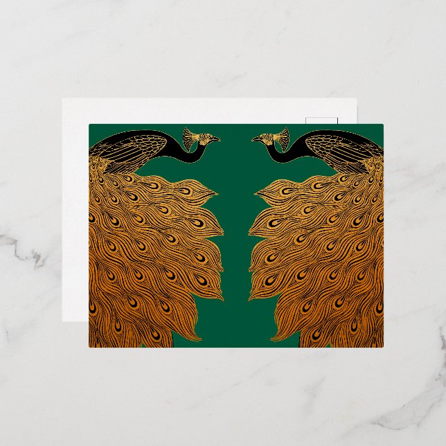 Art Nouveau Peacock Will Bradley Foil Holiday Postcard (Front/Back)