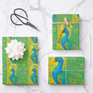 Art Nouveau Peacock Yellow Damask Pattern Wrapping Paper Sheet