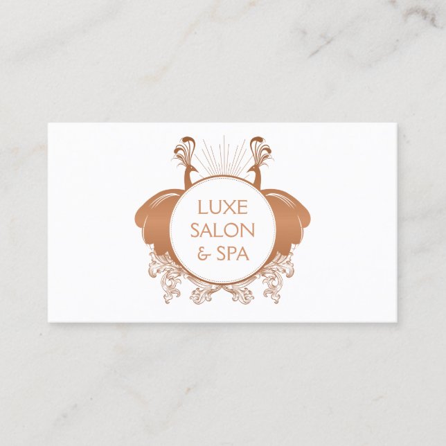 Art Nouveau Peacocks Logo Rose Gold/White Business Card (Front)