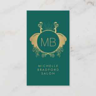 Art Nouveau Peacocks Monogram Logo Gold/Green Business Card