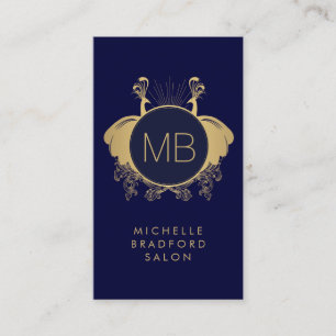 Art Nouveau Peacocks Monogram Logo Gold/Navy Business Card