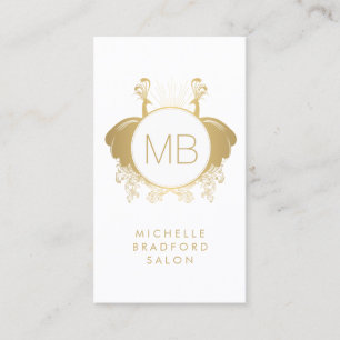 Art Nouveau Peacocks Monogram Logo Gold/White Business Card