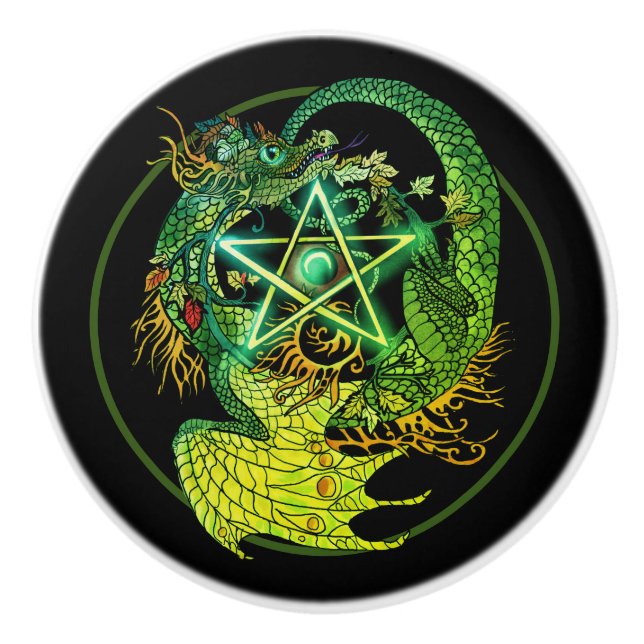 Art Nouveau pentacle dragon  Ceramic Knob (Front)