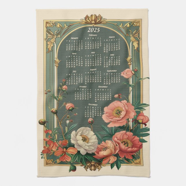 Art Nouveau Peony 2025 Gift Calendar Tea Towel (Vertical)