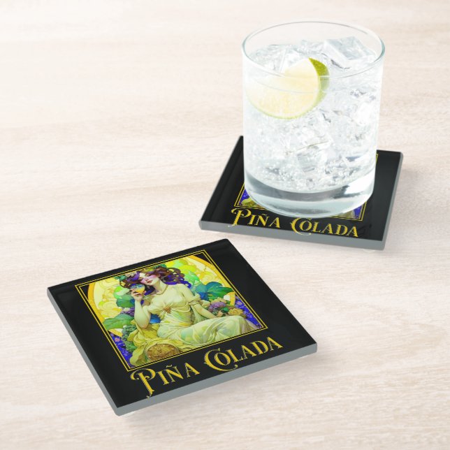 Art Nouveau Pina Colada Glass Coaster (Angled)