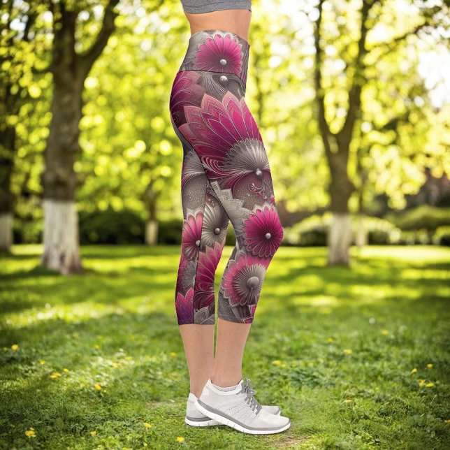 Art Nouveau Pink and Silver Fans Capri Leggings (Creator Uploaded)