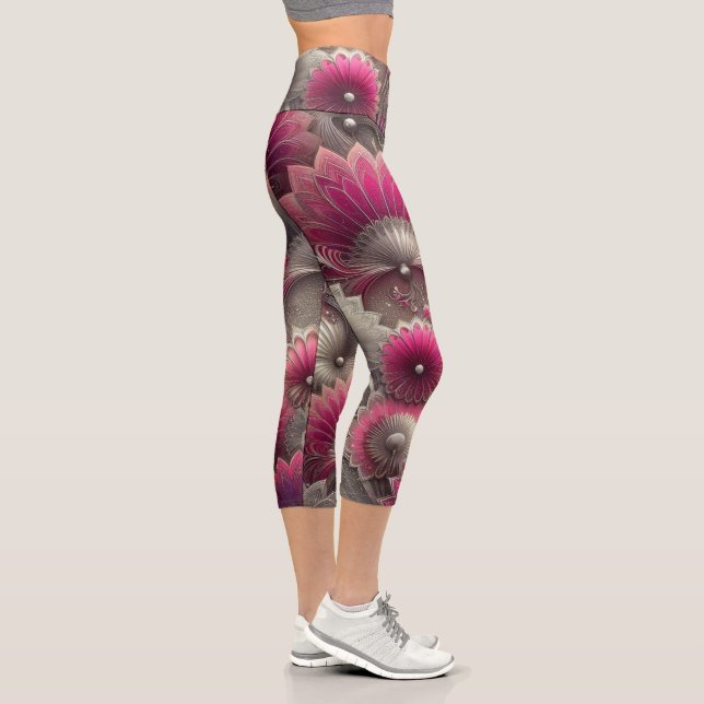 Art Nouveau Pink and Silver Fans Capri Leggings (Right)