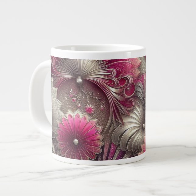 Art Nouveau Pink and Silver Fans Large Coffee Mug (Front Left)
