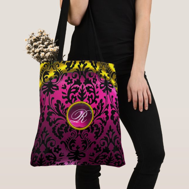 ART NOUVEAU PINK BLACK GOLD DAMASK MONOGRAM TOTE BAG (Close Up)