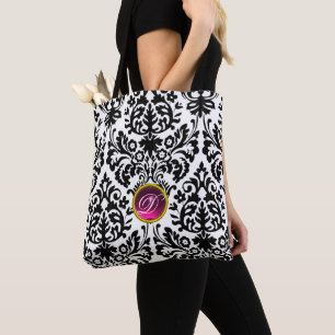 ART NOUVEAU PINK BLACK WHITE DAMASK PINK MONOGRAM TOTE BAG