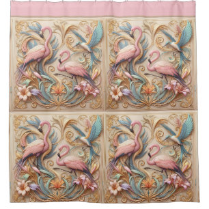Art Nouveau Pink Flamingos Against Floral Pattern Shower Curtain