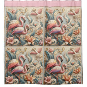 Art Nouveau Pink Flamingos Against Floral Pattern Shower Curtain