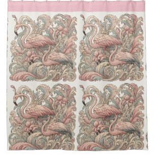 Art Nouveau Pink Flamingos Against Floral Pattern Shower Curtain