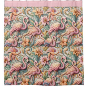 Art Nouveau Pink Flamingos Against Floral Pattern Shower Curtain