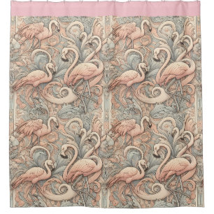 Art Nouveau Pink Flamingos Against Floral Pattern Shower Curtain