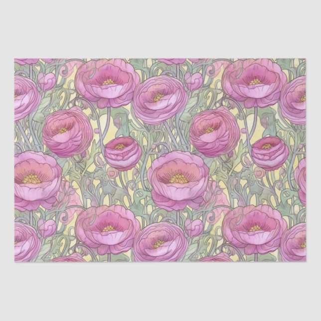 Art Nouveau pink ranunculus Tissue Paper (Front)