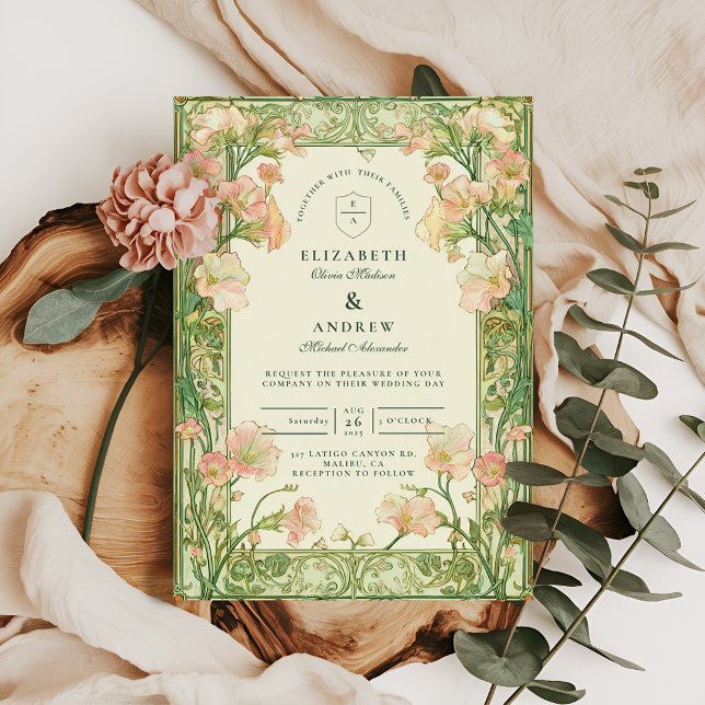 Art Nouveau Pink Sweet Pea Wedding Invitation (Creator Uploaded)
