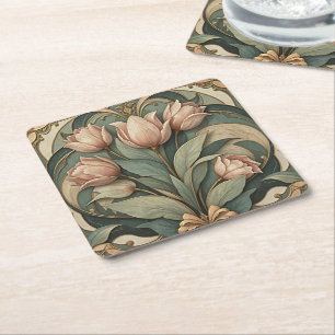 Art Nouveau Pink Tulips Floral Paper Coaster