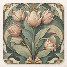 Art Nouveau Pink Tulips Floral Paper Coaster