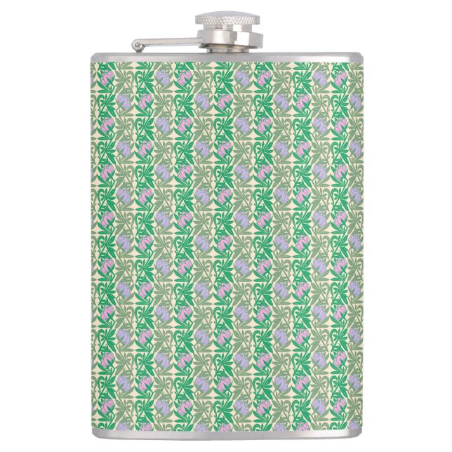 Art Nouveau pink water lilies damask Hip Flask (Front)