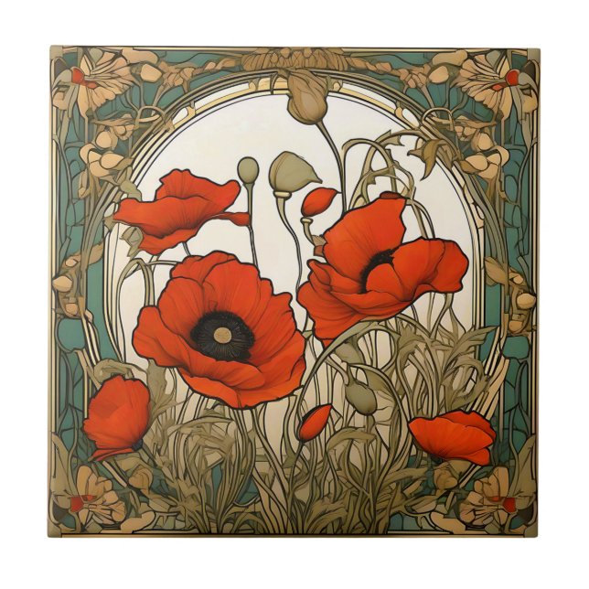 Art Nouveau Poppies Flowers Tile (Front)