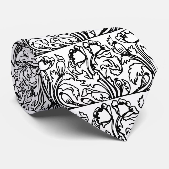 Art nouveau poppy floral black white elegant  tie (Rolled)