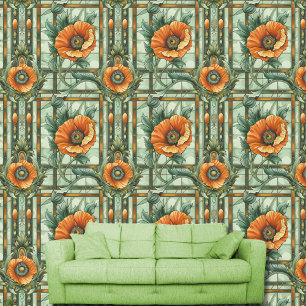 Art Nouveau Poppy Flowers Orange Green Floral Wallpaper