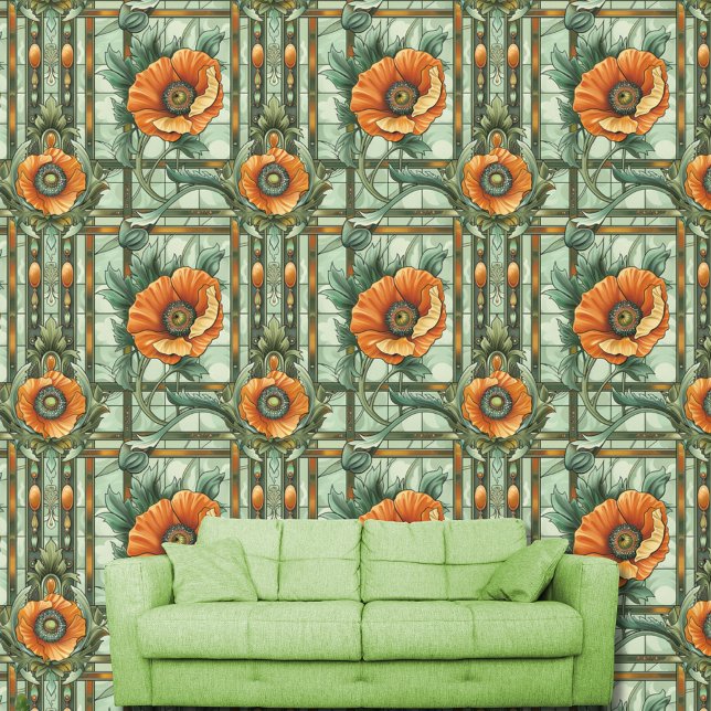 Art Nouveau Poppy Flowers Orange Green Floral  Wallpaper (Creator Uploaded)