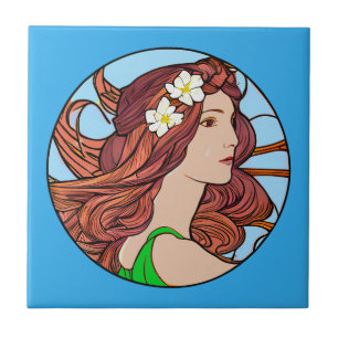 Art Nouveau Portrait of a Woman on Blue Tile