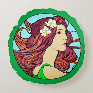 Art Nouveau Portrait of a Woman on Emerald Green Round Cushion