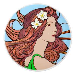 Art Nouveau Portrait of a Woman with Red Hair  Ceramic Knob