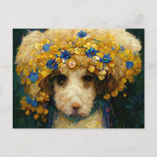Art Nouveau portrait of poodle dog with flowers Postcard